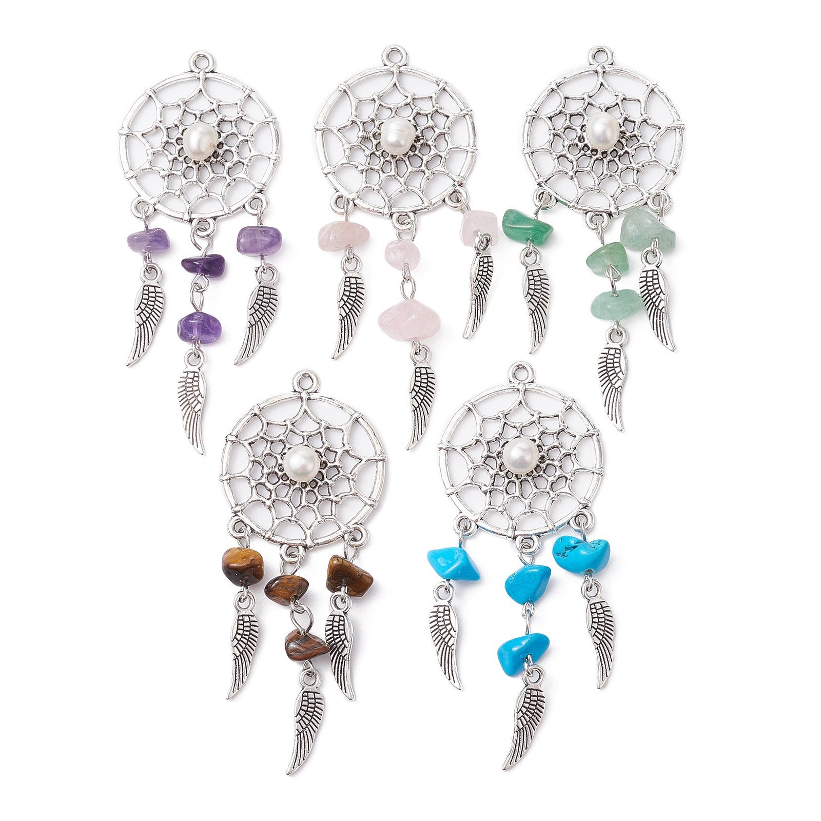 Wholesale Natural crystal stainless steel gravel dream catcher keychain ring pearl DIY tassel pendant